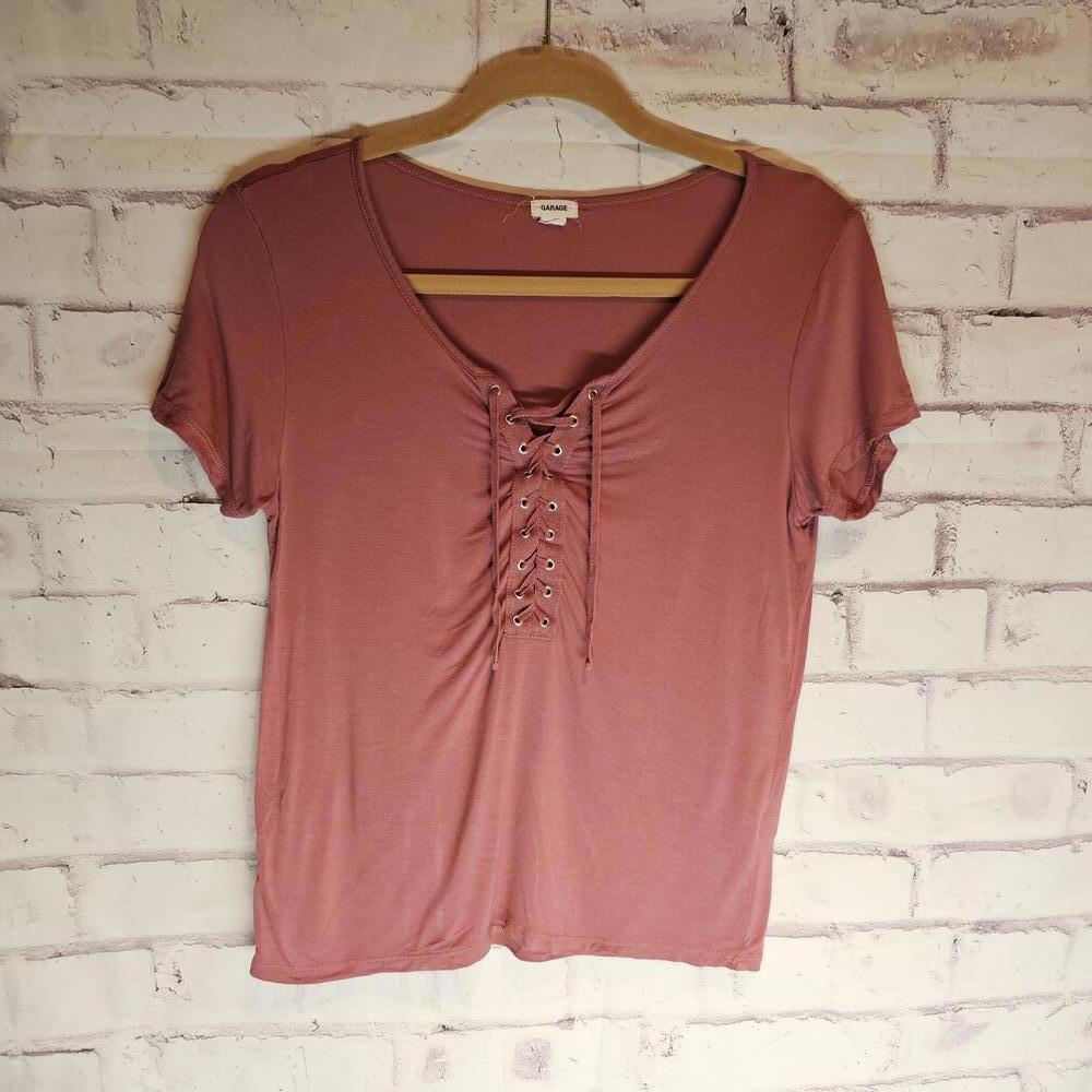 Garage Dusty Rose Lace Up Front Top